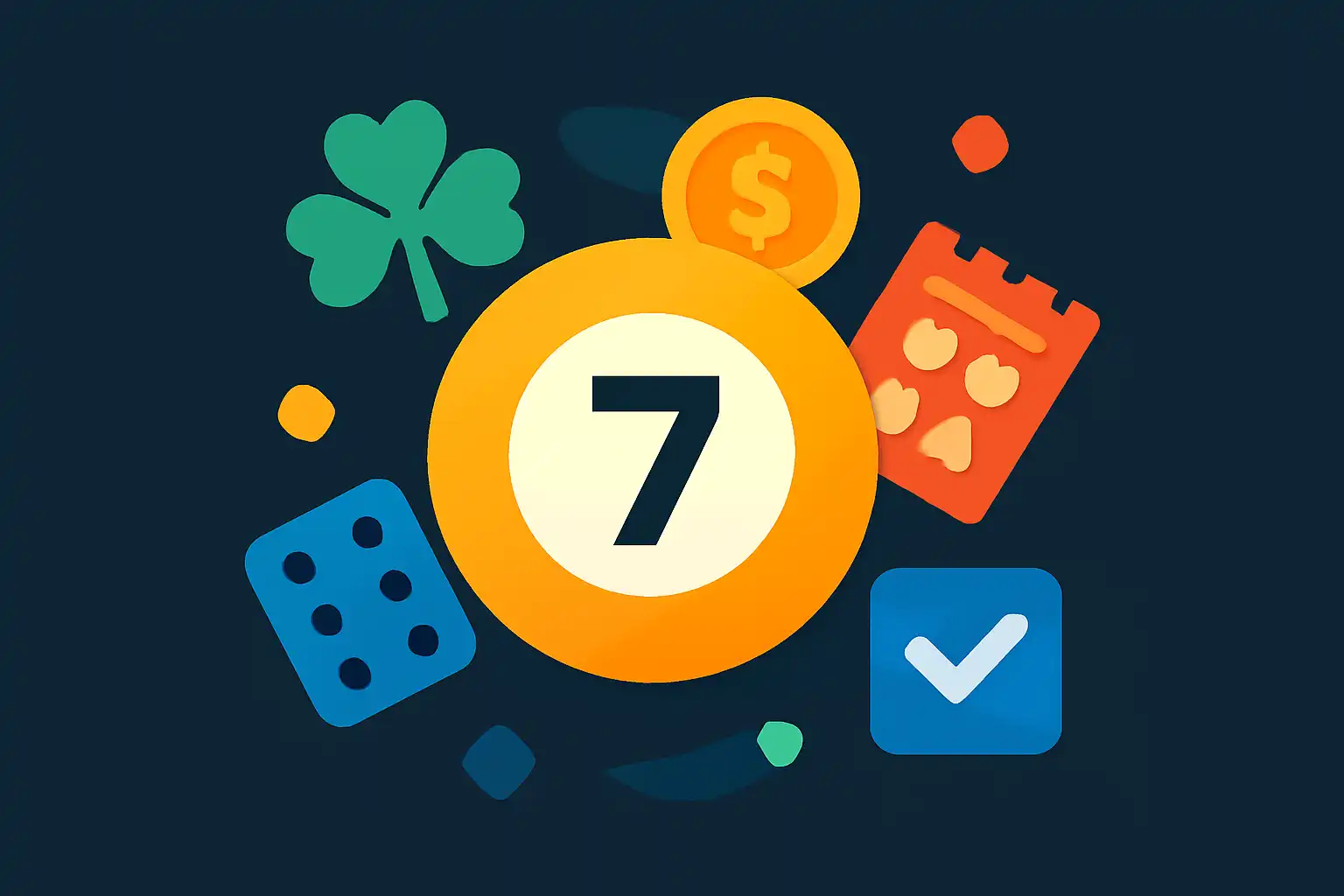 Hero illustration: Lottery 7, modern flat design, dark background, brand-neutral, icons and shapes only, no text