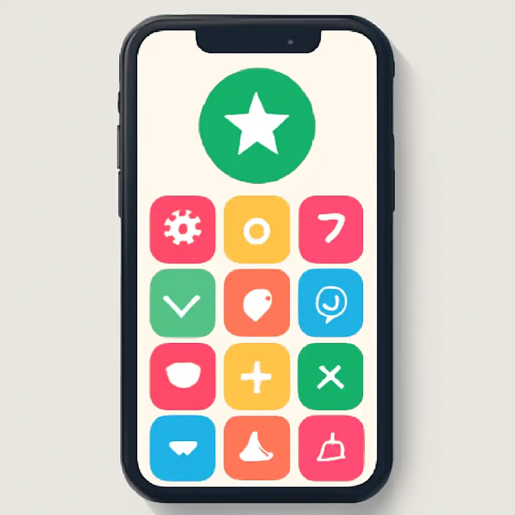 Smartphone shown from the front displaying a colourful flat layout of abstract game icons and rounded tiles (no text, no letters, no labels), Lottery 7
