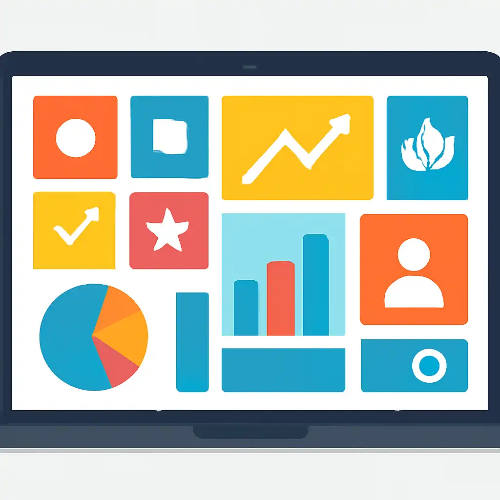 Laptop shown from the front displaying a colourful flat dashboard of abstract charts, bars and icon tiles (no text, no letters, no labels), Lottery 7
