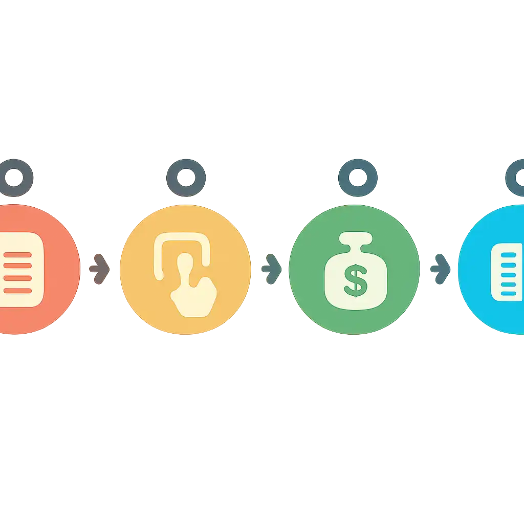 Five numbered circular icons connected by arrows in a horizontal flow, flat illustration, icons only, no words, Lottery 7 steps