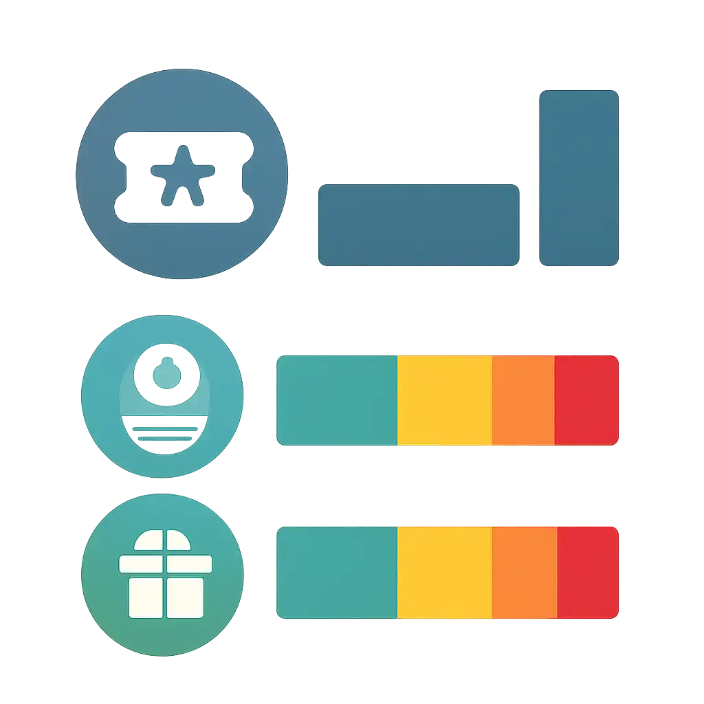 Infographic comparing options using coloured bars and icons only, no text or labels, flat design, Lottery 7